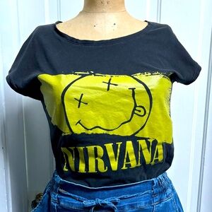 WOMENS BLACK COTTON NIRVANA SMILEY FACE FITTED SHORT SLEEVE T-SHIRT SIZE XL